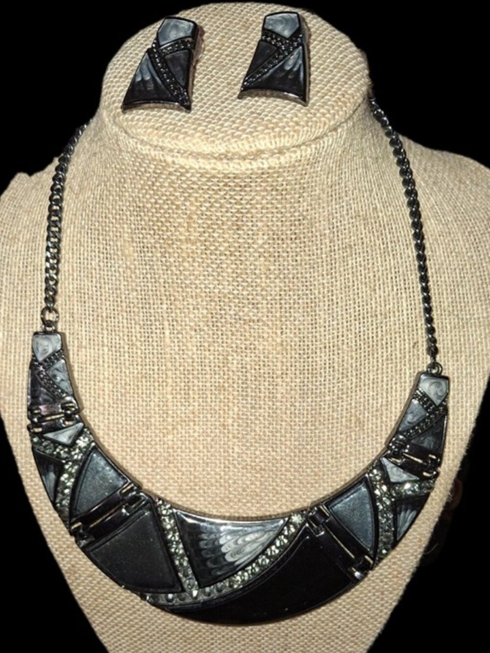 Gunmetal geometric rhinestone crescent statement necklace with earrings